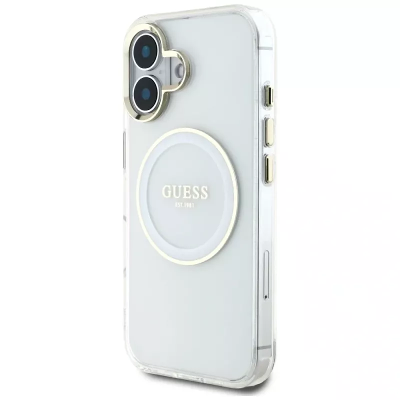 Guess IML Metal Colored Circle Classic Logo MagSafe Case voor iPhone 16 (wit)