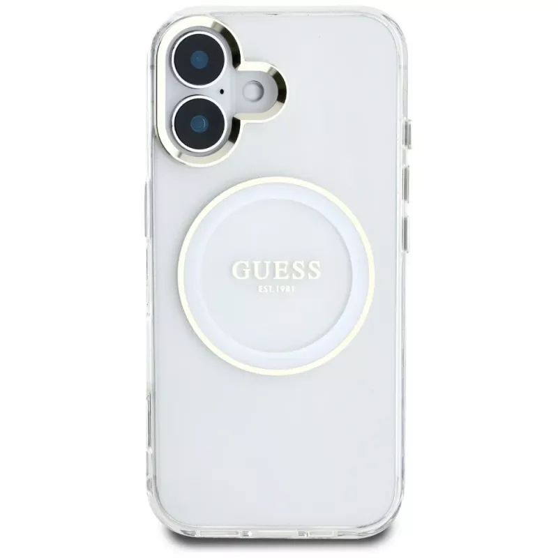 Guess IML Metal Colored Circle Classic Logo MagSafe Case voor iPhone 16 (wit)