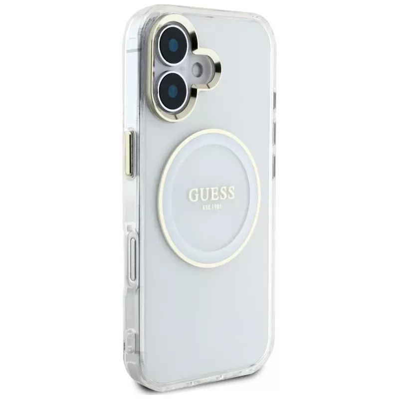 Guess IML Metal Colored Circle Classic Logo MagSafe Case voor iPhone 16 (wit)