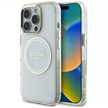 Guess IML Metal Colored Circle Classic Logo MagSafe Case voor iPhone 16 Pro (wit)
