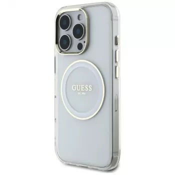 Guess IML Metal Colored Circle Classic Logo MagSafe Case voor iPhone 16 Pro (wit)