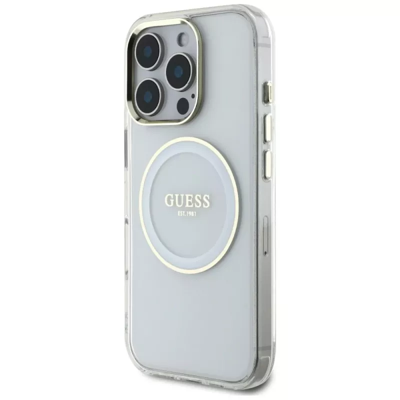Guess IML Metal Colored Circle Classic Logo MagSafe Case voor iPhone 16 Pro (wit)