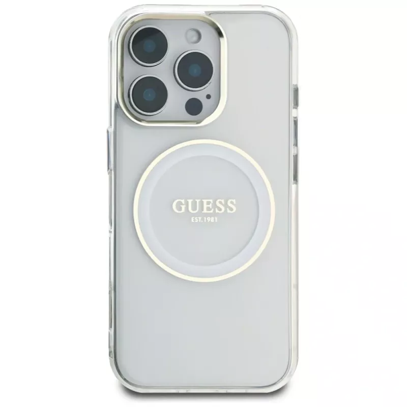 Guess IML Metal Colored Circle Classic Logo MagSafe Case voor iPhone 16 Pro (wit)