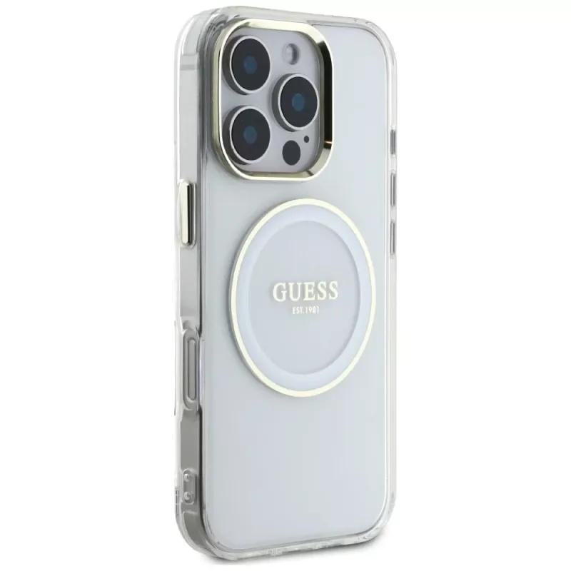 Guess IML Metal Colored Circle Classic Logo MagSafe Case voor iPhone 16 Pro (wit)