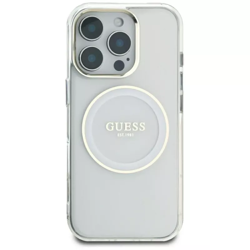 Guess IML Metal Colored Circle Classic Logo MagSafe Case voor iPhone 16 Pro Max (wit)