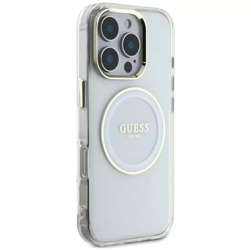 Guess IML Metal Colored Circle Classic Logo MagSafe Case voor iPhone 16 Pro Max (wit)