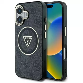 Guess IML Metal Glitter 4G Circle Triangle MagSafe Case voor Apple iPhone 16 (zwart)