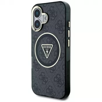 Guess IML Metal Glitter 4G Circle Triangle MagSafe Case voor Apple iPhone 16 (zwart)