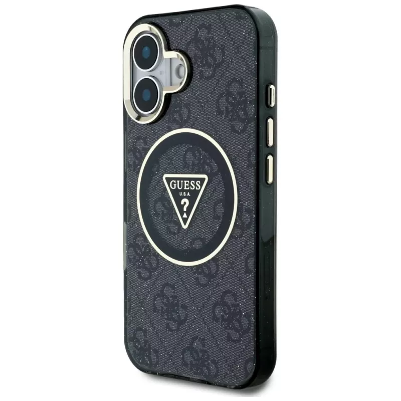 Guess IML Metal Glitter 4G Circle Triangle MagSafe Case voor Apple iPhone 16 (zwart)