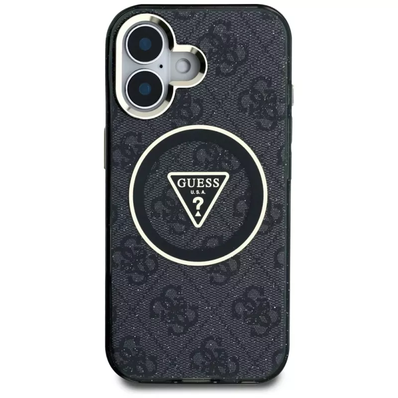 Guess IML Metal Glitter 4G Circle Triangle MagSafe Case voor Apple iPhone 16 (zwart)