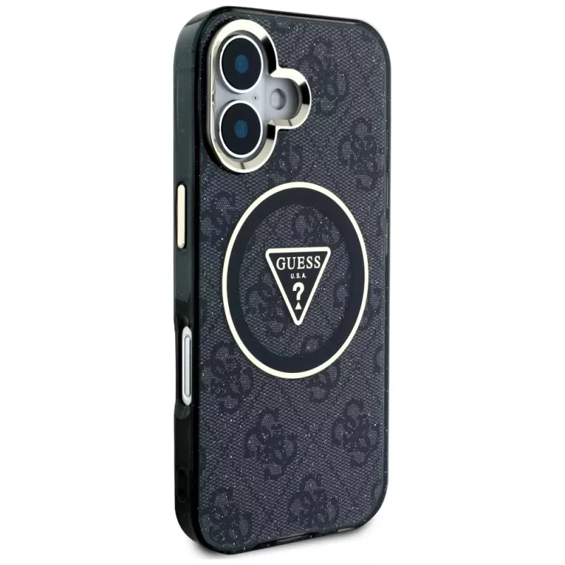 Guess IML Metal Glitter 4G Circle Triangle MagSafe Case voor Apple iPhone 16 (zwart)