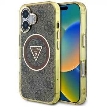 Guess IML Metal Glitter 4G Circle Triangle MagSafe Case voor iPhone 16 (bruin)