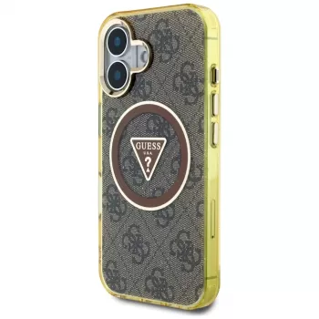 Guess IML Metal Glitter 4G Circle Triangle MagSafe Case voor iPhone 16 (bruin)