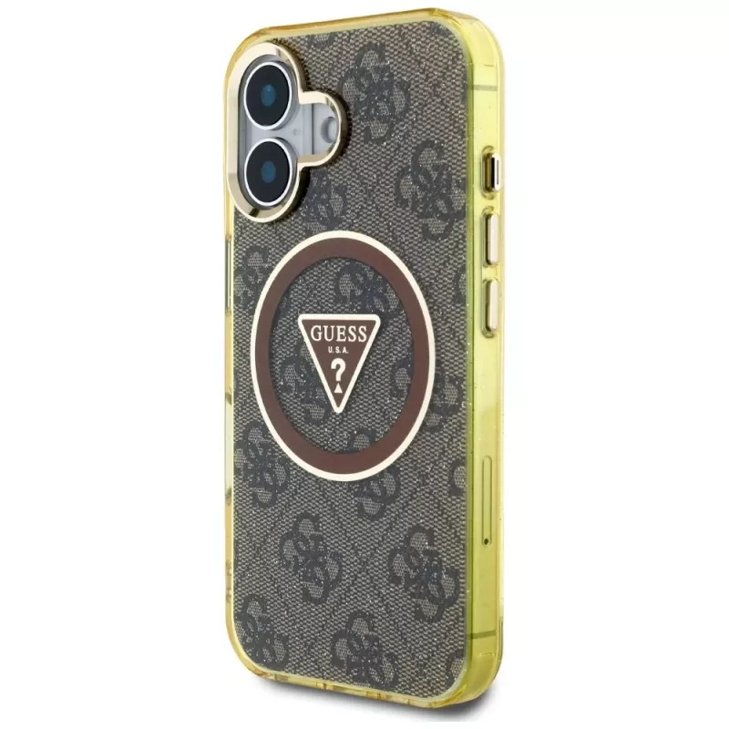 Guess IML Metal Glitter 4G Circle Triangle MagSafe Case voor iPhone 16 (bruin)