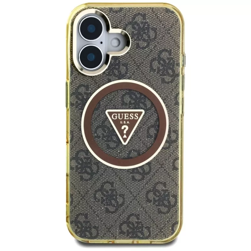 Guess IML Metal Glitter 4G Circle Triangle MagSafe Case voor iPhone 16 (bruin)