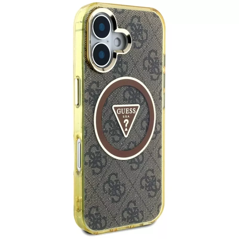 Guess IML Metal Glitter 4G Circle Triangle MagSafe Case voor iPhone 16 (bruin)