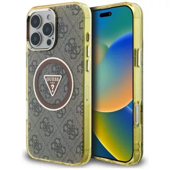 Guess IML Metal Glitter 4G Circle Triangle MagSafe Case voor iPhone 16 Pro (bruin)
