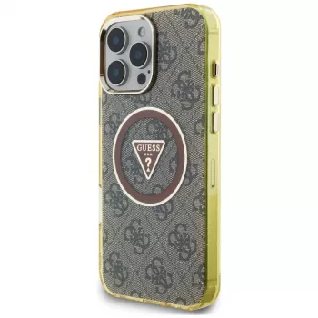 Guess IML Metal Glitter 4G Circle Triangle MagSafe Case voor iPhone 16 Pro (bruin)