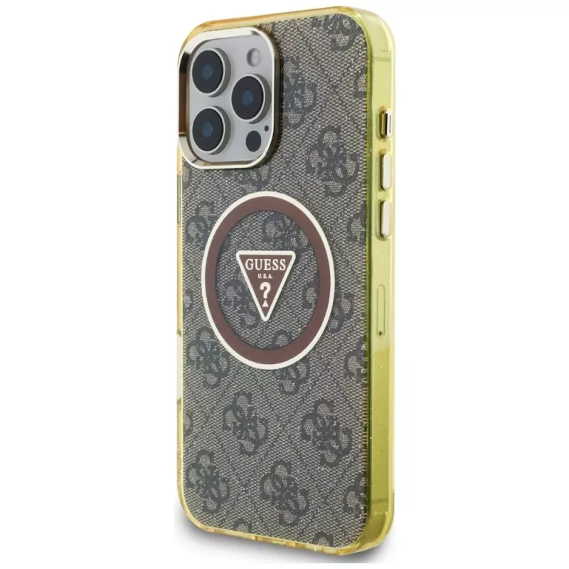 Guess IML Metal Glitter 4G Circle Triangle MagSafe Case voor iPhone 16 Pro (bruin)