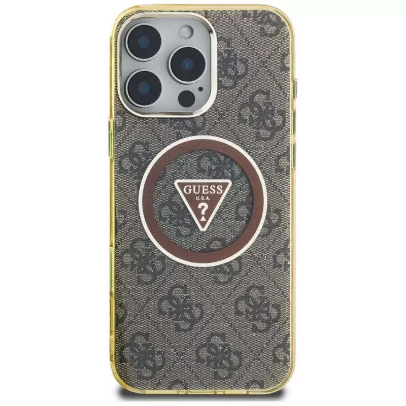 Guess IML Metal Glitter 4G Circle Triangle MagSafe Case voor iPhone 16 Pro (bruin)