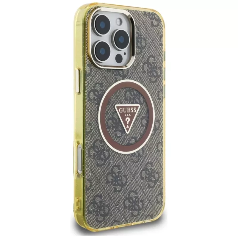 Guess IML Metal Glitter 4G Circle Triangle MagSafe Case voor iPhone 16 Pro Max (bruin)