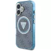 Guess IML Metal Glitter 4G Circle Triangle MagSafe Case voor iPhone 16 (blauw)