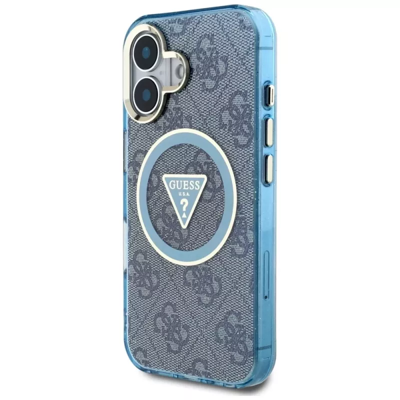 Guess IML Metal Glitter 4G Circle Triangle MagSafe Case voor iPhone 16 (blauw)