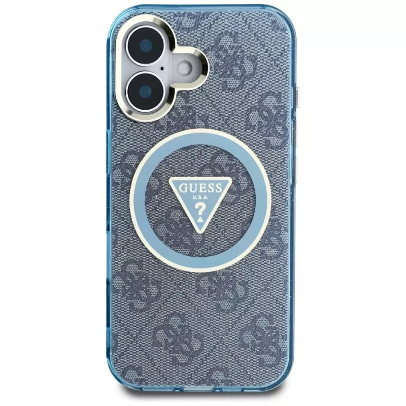 Guess IML Metal Glitter 4G Circle Triangle MagSafe Case voor iPhone 16 (blauw)