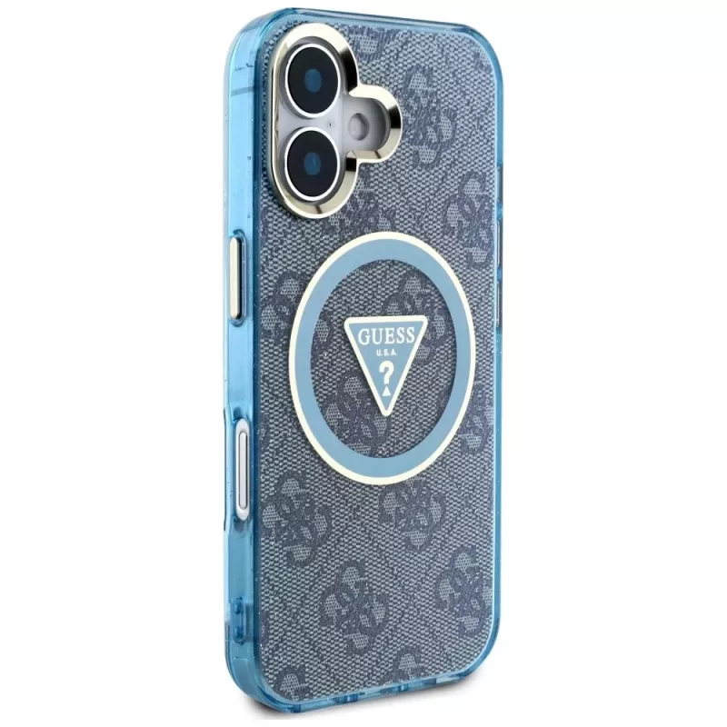 Guess IML Metal Glitter 4G Circle Triangle MagSafe Case voor iPhone 16 (blauw)