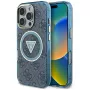 Guess IML Metal Glitter 4G Circle Triangle MagSafe Case voor iPhone 16 Pro (blauw)