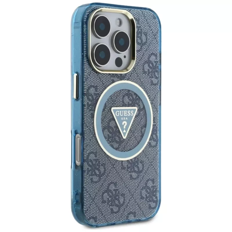 Guess IML Metal Glitter 4G Circle Triangle MagSafe Case voor iPhone 16 Pro (blauw)