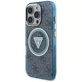 Guess IML Metal Glitter 4G Circle Triangle MagSafe Case voor iPhone 16 Pro Max (blauw)