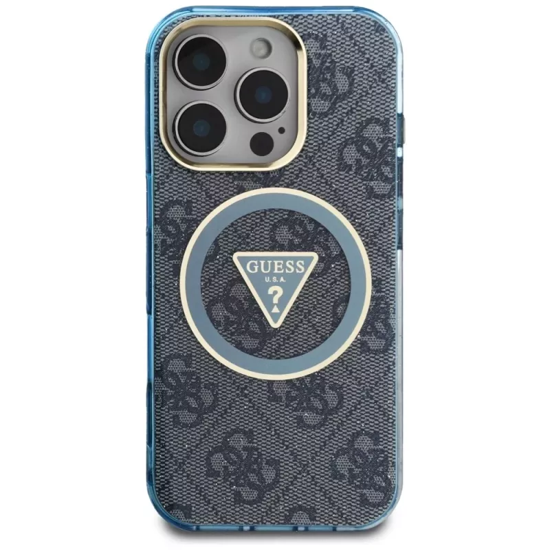 Guess IML Metal Glitter 4G Circle Triangle MagSafe Case voor iPhone 16 Pro Max (blauw)