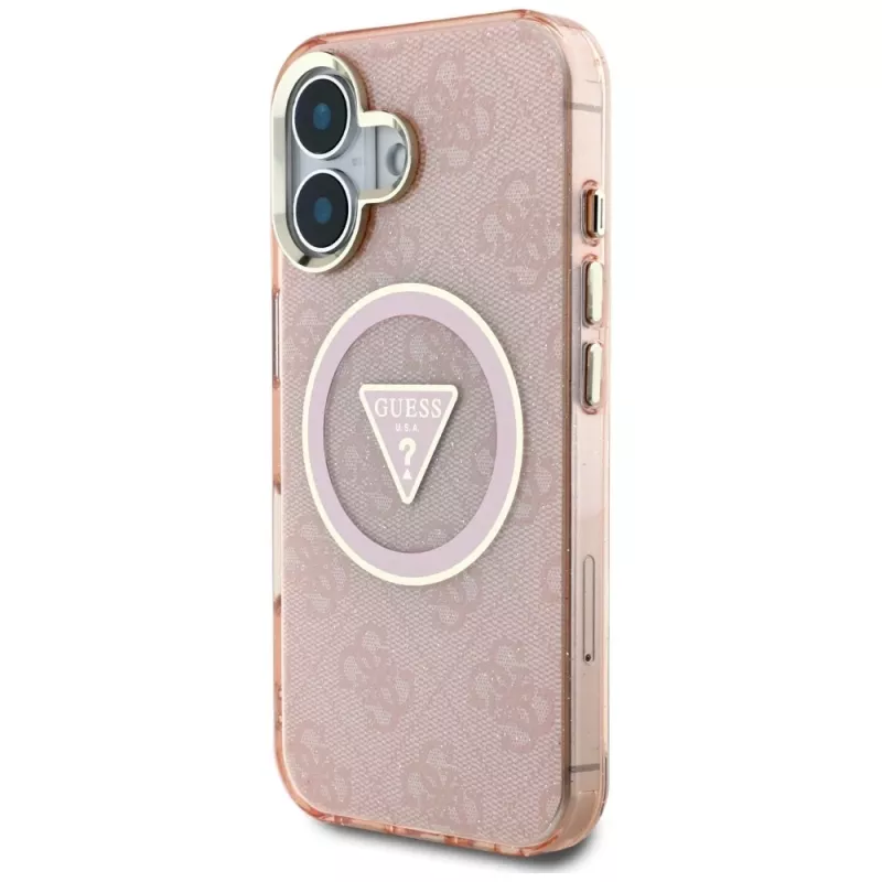 Guess IML Metal Glitter 4G Circle Triangle MagSafe Case voor iPhone 16 (roze)
