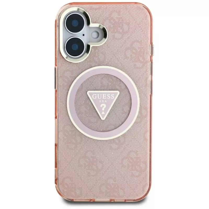 Guess IML Metal Glitter 4G Circle Triangle MagSafe Case voor iPhone 16 (roze)