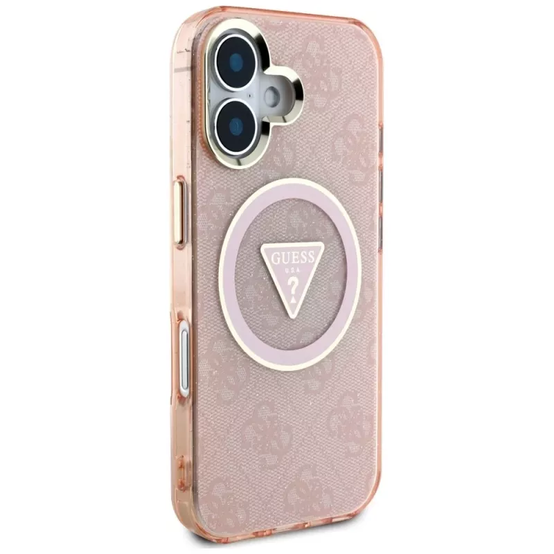 Guess IML Metal Glitter 4G Circle Triangle MagSafe Case voor iPhone 16 (roze)