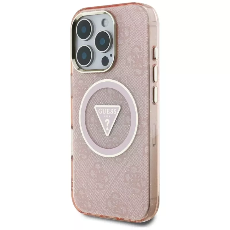 Guess IML Metal Glitter 4G Circle Triangle MagSafe Back Cover voor Apple iPhone 16 Pro (roze)