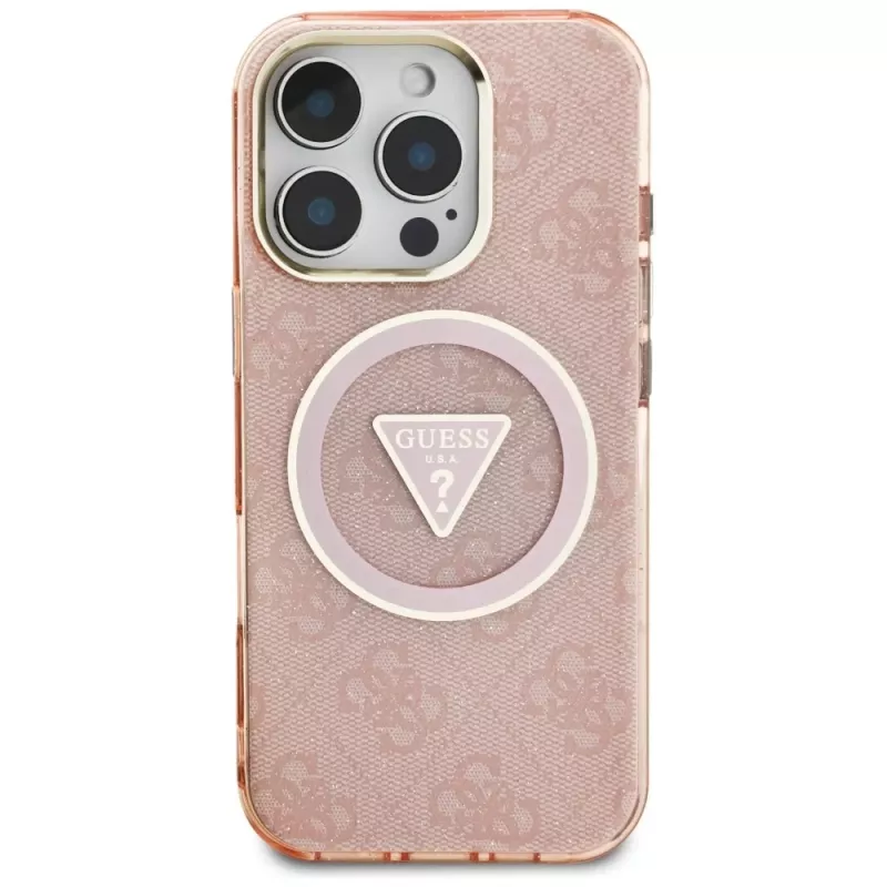 Guess IML Metal Glitter 4G Circle Triangle MagSafe Back Cover voor Apple iPhone 16 Pro (roze)