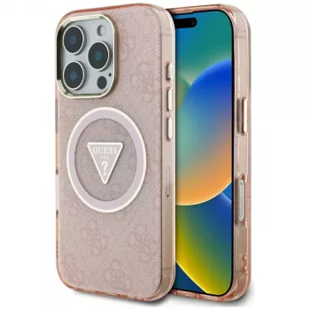 Guess IML Metal Glitter 4G Circle Triangle MagSafe Case voor Apple iPhone 16 Pro Max (roze)