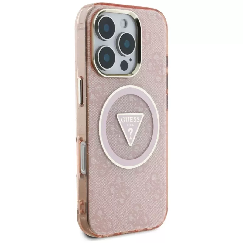 Guess IML Metal Glitter 4G Circle Triangle MagSafe Case voor Apple iPhone 16 Pro Max (roze)
