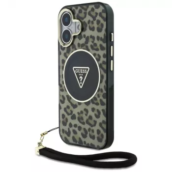 Guess HC IML Leopard Triangle Case voor iPhone 16 met koordband, bruin, MagSafe