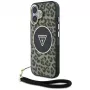 Guess HC IML Leopard Triangle Case voor iPhone 16 met koordband, bruin, MagSafe
