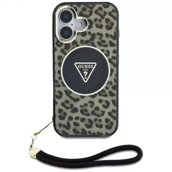 Guess HC IML Leopard Triangle Case voor iPhone 16 met koordband, bruin, MagSafe