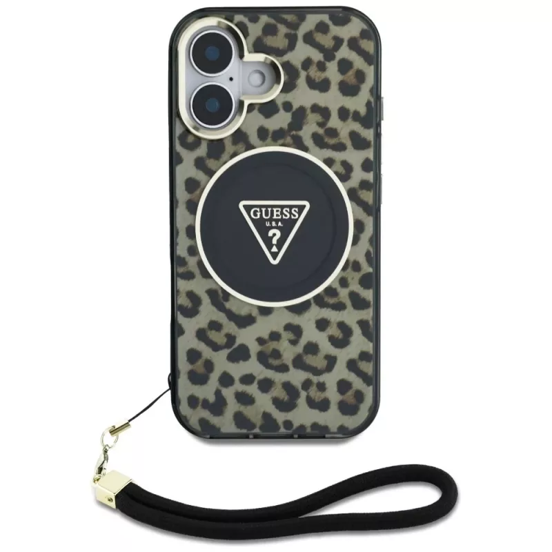 Guess HC IML Leopard Triangle Case voor iPhone 16 met koordband, bruin, MagSafe