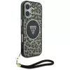 Guess HC IML Leopard Triangle Case voor iPhone 16 met koordband, bruin, MagSafe