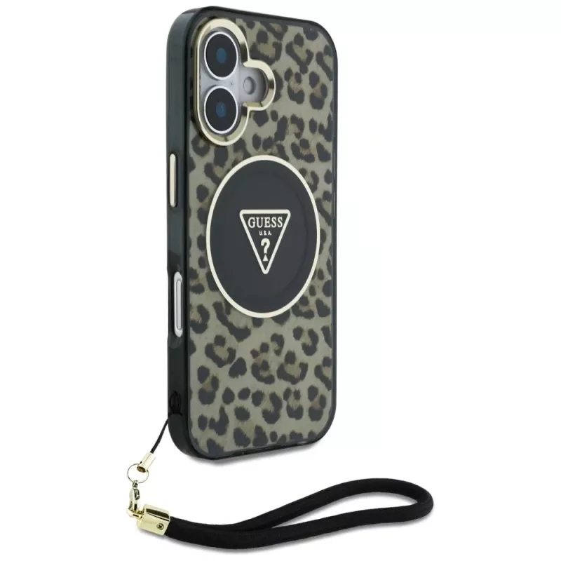 Guess HC IML Leopard Triangle Case voor iPhone 16 met koordband, bruin, MagSafe