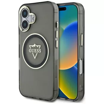 Guess IML Metal Mountain Logo MagSafe Case voor iPhone 16 (zwart)