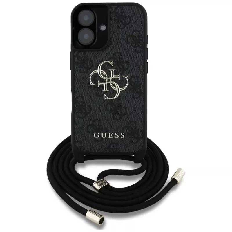 Guess 4G Big Logo Cord Strap Crossbody Case voor iPhone 16, zwart