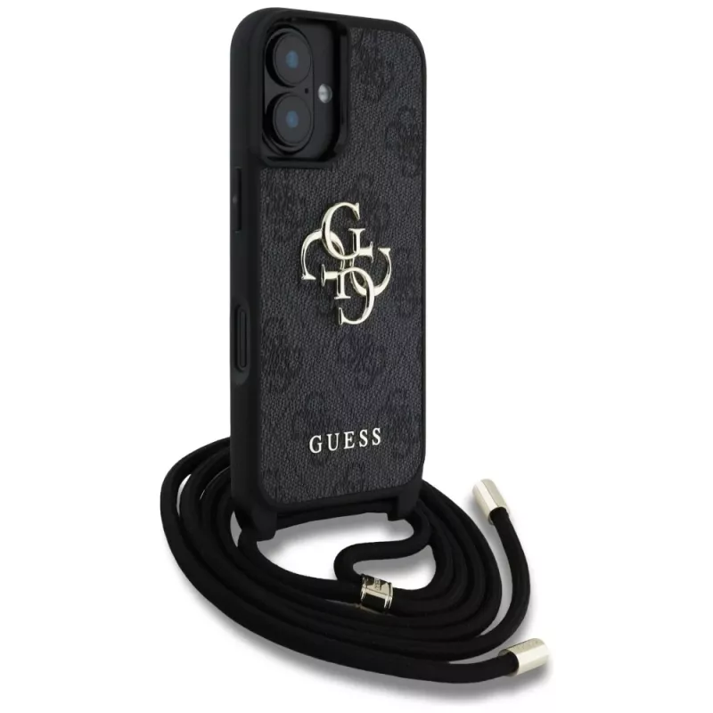 Guess 4G Big Logo Cord Strap Crossbody Case voor iPhone 16, zwart