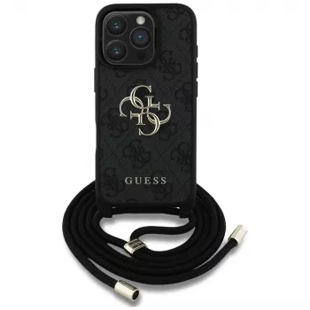 Guess 4G Big Logo Cord Strap Crossbody Case voor iPhone 16 Pro (zwart)